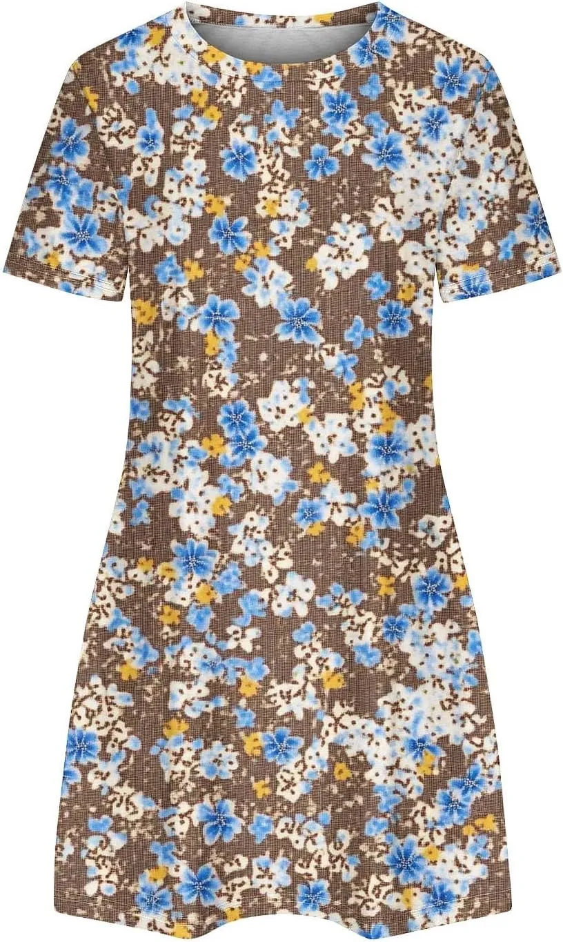 Womens Fashion Summer Shirtdress Floral Print Short Sleeve Round Neck A-Line Dresses 2025 Casual Mini Sundress