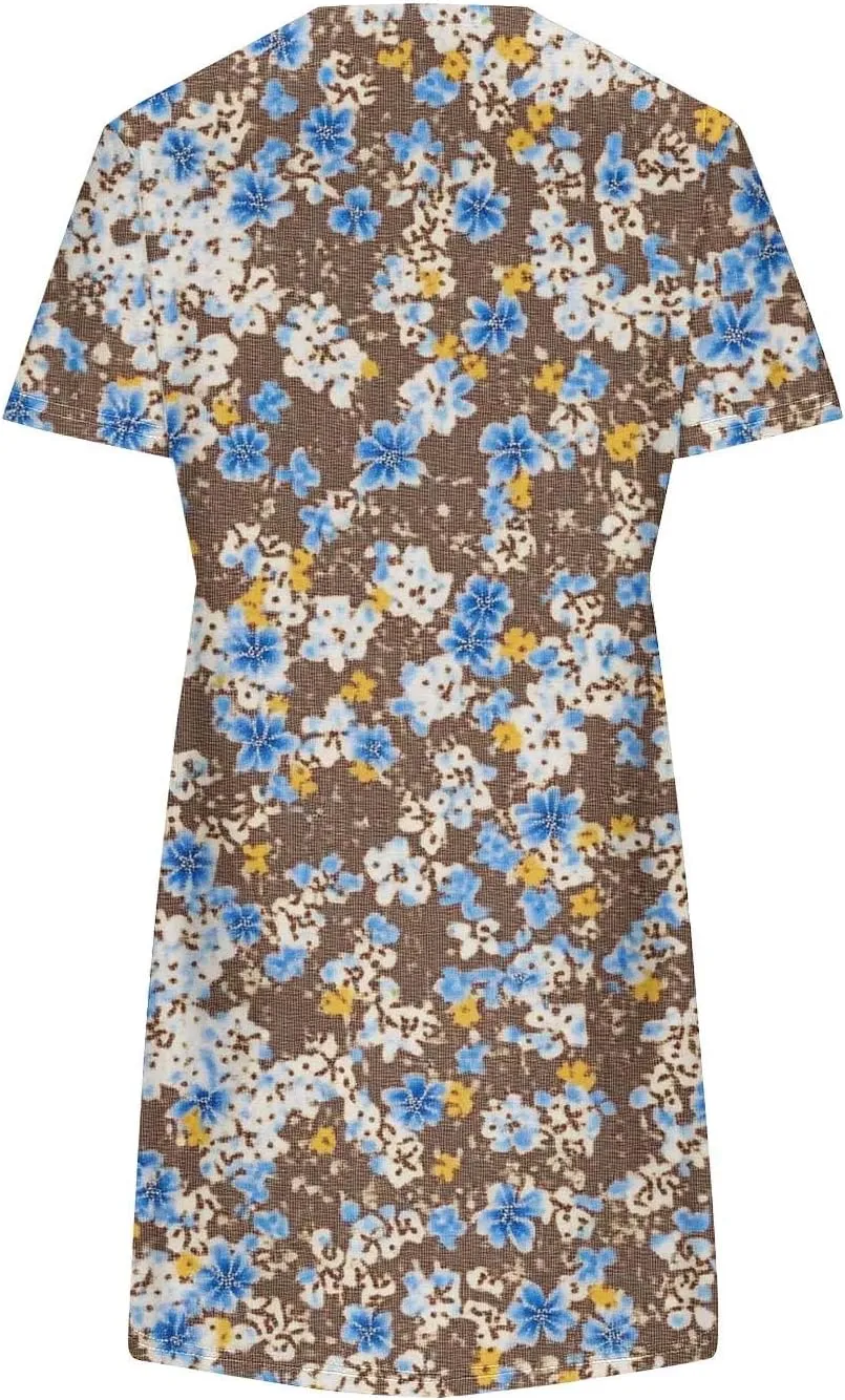 Womens Fashion Summer Shirtdress Floral Print Short Sleeve Round Neck A-Line Dresses 2025 Casual Mini Sundress