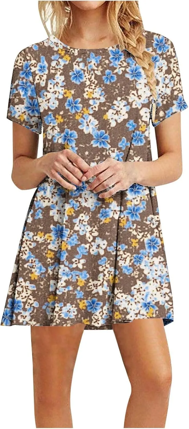 Womens Fashion Summer Shirtdress Floral Print Short Sleeve Round Neck A-Line Dresses 2025 Casual Mini Sundress