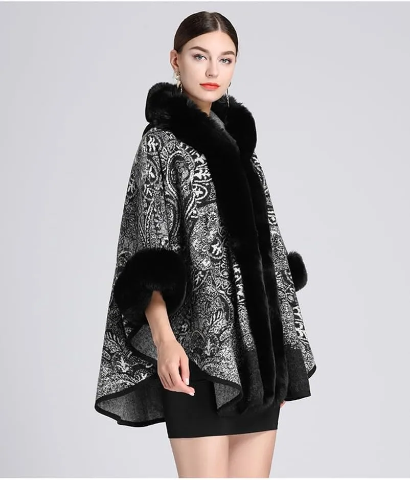 Women's Faux Fur Shawl Wrap Paisley Poncho Cape Open Front Cardigan Warm Sweater Cloak Knitted Elegant for Evening