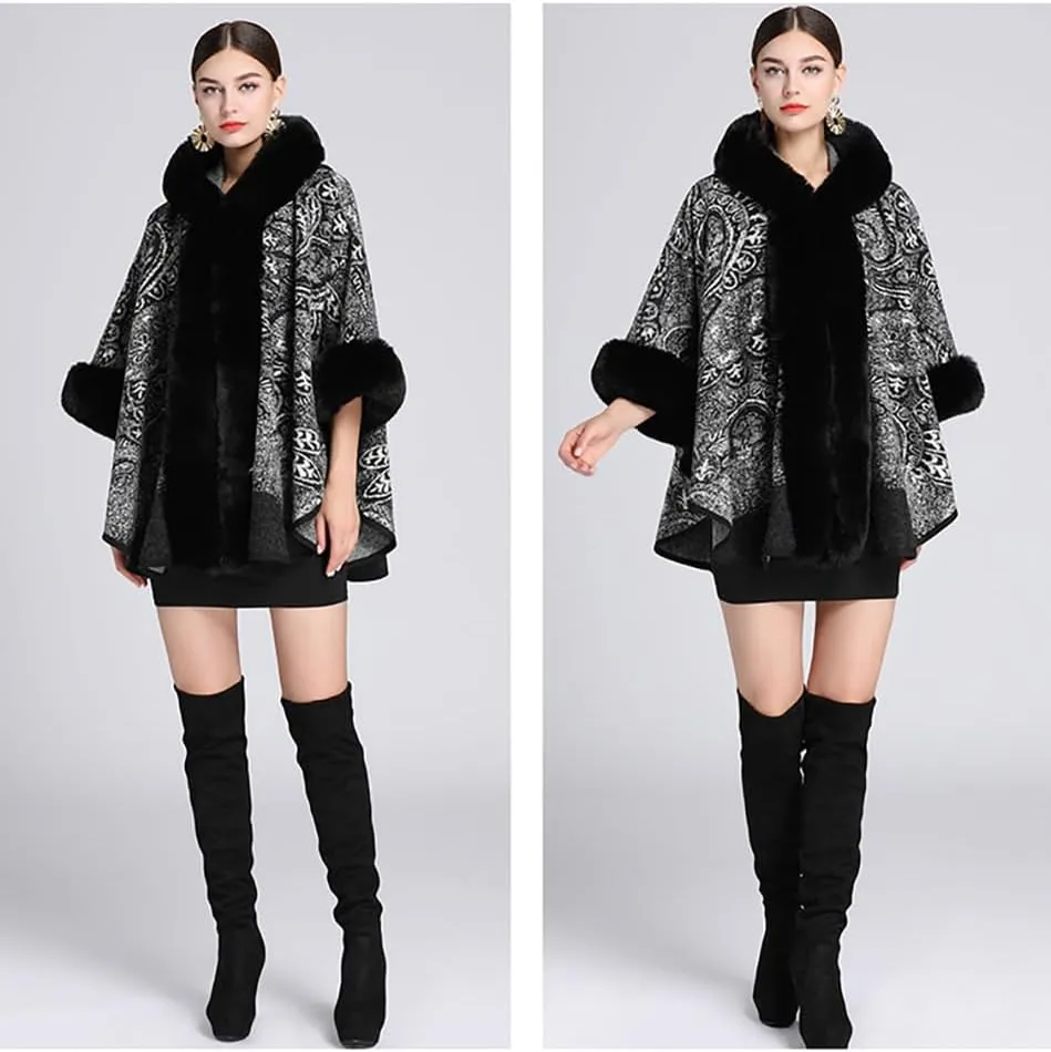 Women's Faux Fur Shawl Wrap Paisley Poncho Cape Open Front Cardigan Warm Sweater Cloak Knitted Elegant for Evening