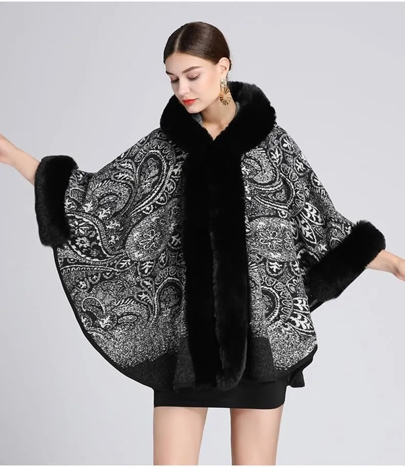Women's Faux Fur Shawl Wrap Paisley Poncho Cape Open Front Cardigan Warm Sweater Cloak Knitted Elegant for Evening