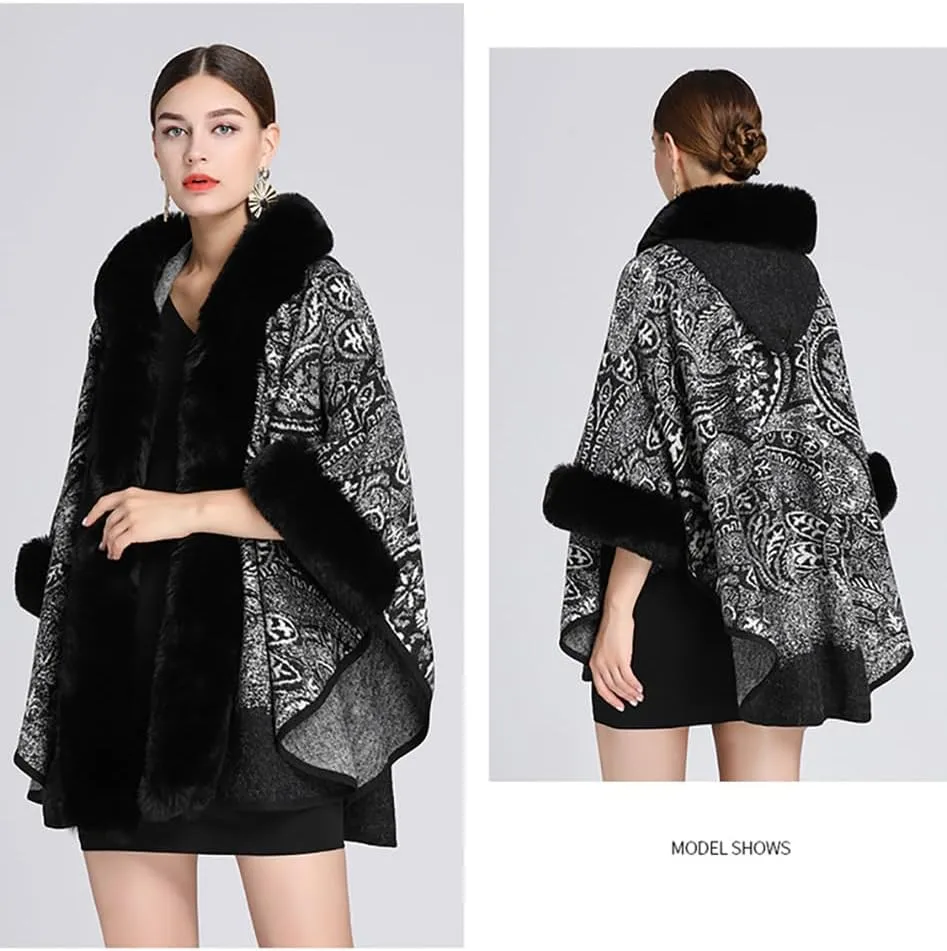 Women's Faux Fur Shawl Wrap Paisley Poncho Cape Open Front Cardigan Warm Sweater Cloak Knitted Elegant for Evening