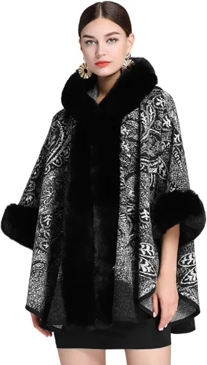 Women's Faux Fur Shawl Wrap Paisley Poncho Cape Open Front Cardigan Warm Sweater Cloak Knitted Elegant for Evening