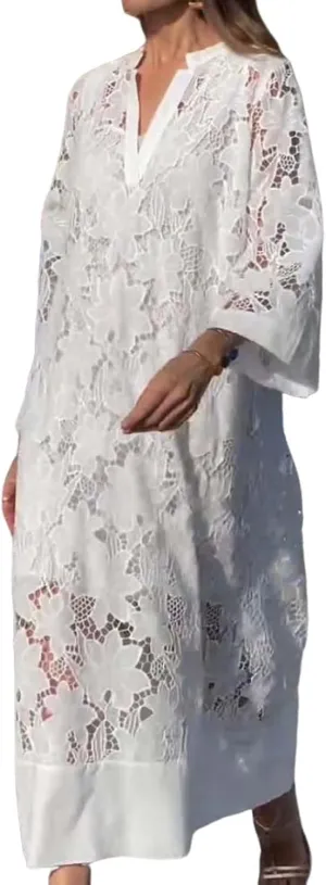 Womens Floral Lace Long Sleeve Maxi Dress Casual Loose Fit V Neck Dress Flowy Beach Swimsuit Cover Up