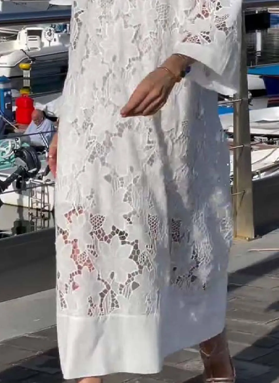 Womens Floral Lace Long Sleeve Maxi Dress Casual Loose Fit V Neck Dress Flowy Beach Swimsuit Cover Up