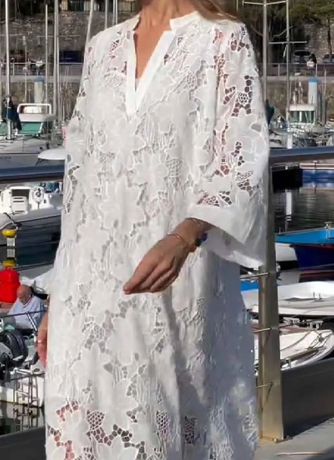 Womens Floral Lace Long Sleeve Maxi Dress Casual Loose Fit V Neck Dress Flowy Beach Swimsuit Cover Up