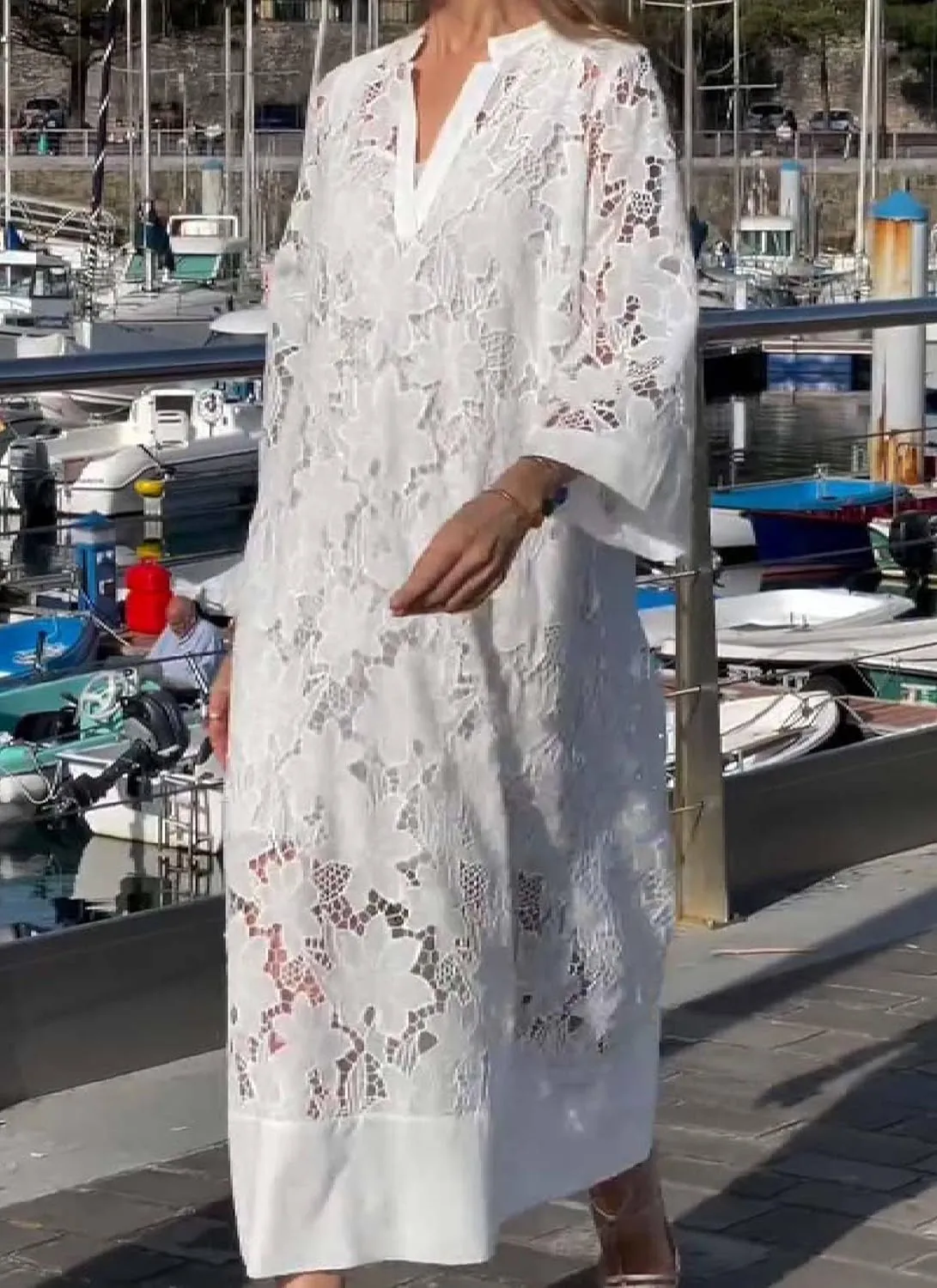 Womens Floral Lace Long Sleeve Maxi Dress Casual Loose Fit V Neck Dress Flowy Beach Swimsuit Cover Up