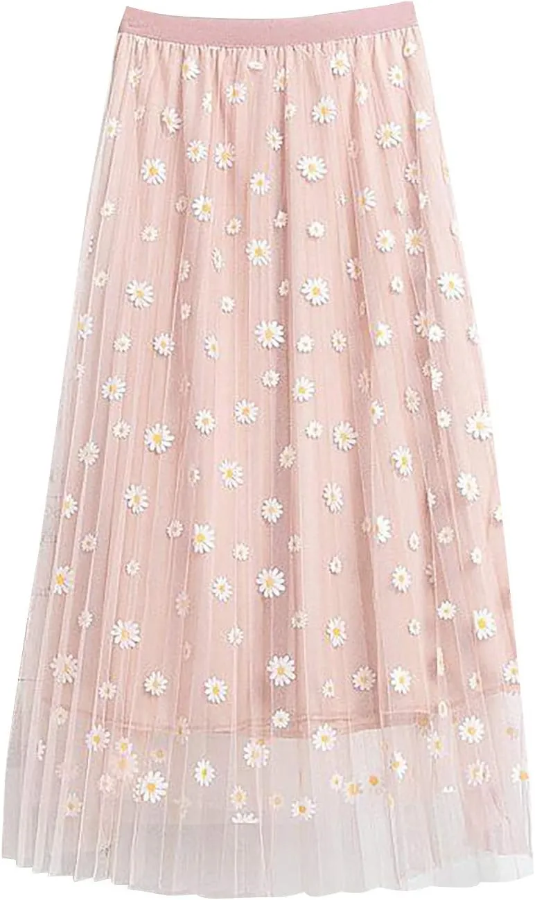Women's Floral Midi Skirt Elastic Pleated Mesh A-Line Tulle Skirt Swing Women Skirt Wrap Midi Skirts Ankle Skirts
