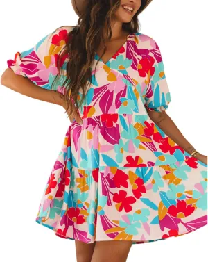 Women's Floral Print Dress 2025 Summer V Neck Tiered Ruffle Puff Sleeve Babydoll Dress Vacation Beach Mini Dresses