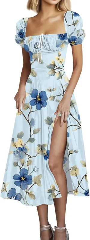 Women's Floral Print Puff Sleeve Square Neck Dress Casual Trendy Summer Boho Short Sleeve Split Midi Dresses