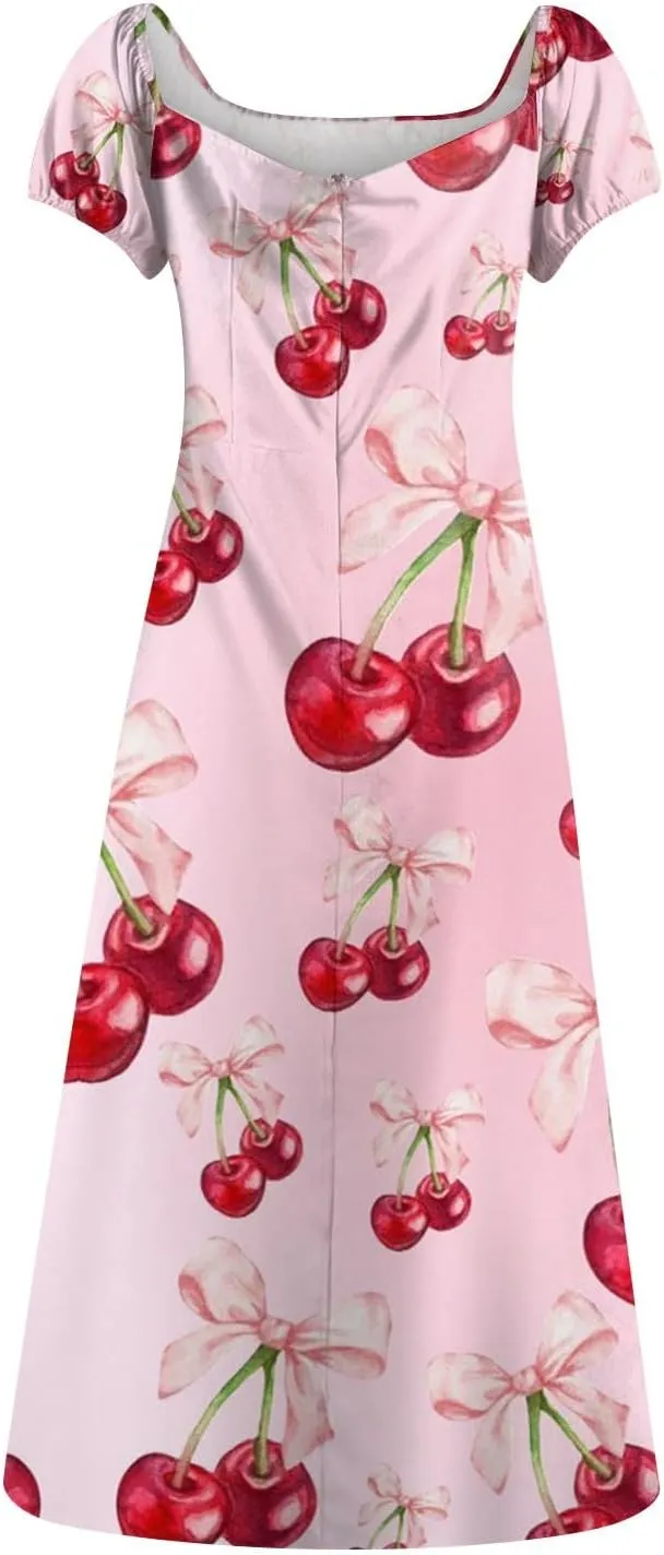 Women's Floral Print Puff Sleeve Square Neck Dress Casual Trendy Summer Boho Short Sleeve Split Midi Dresses