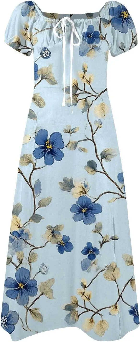 Women's Floral Print Puff Sleeve Square Neck Dress Casual Trendy Summer Boho Short Sleeve Split Midi Dresses