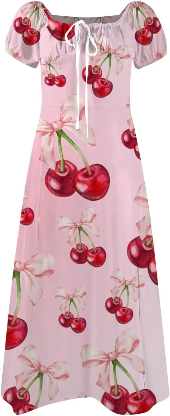 Women's Floral Print Puff Sleeve Square Neck Dress Casual Trendy Summer Boho Short Sleeve Split Midi Dresses