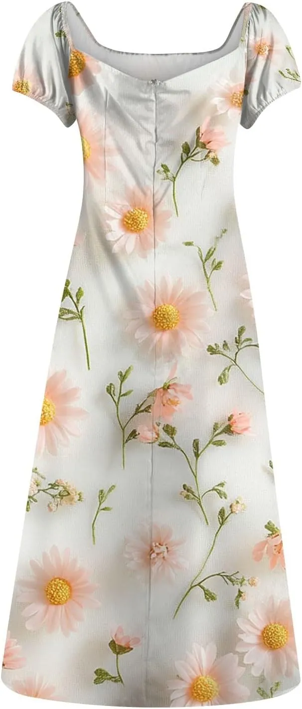 Women's Floral Print Puff Sleeve Square Neck Dress Casual Trendy Summer Boho Short Sleeve Split Midi Dresses
