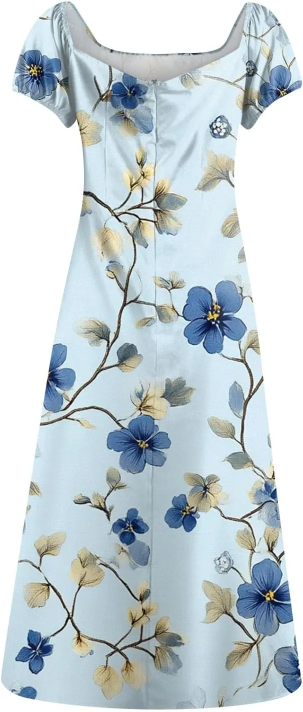 Women's Floral Print Puff Sleeve Square Neck Dress Casual Trendy Summer Boho Short Sleeve Split Midi Dresses
