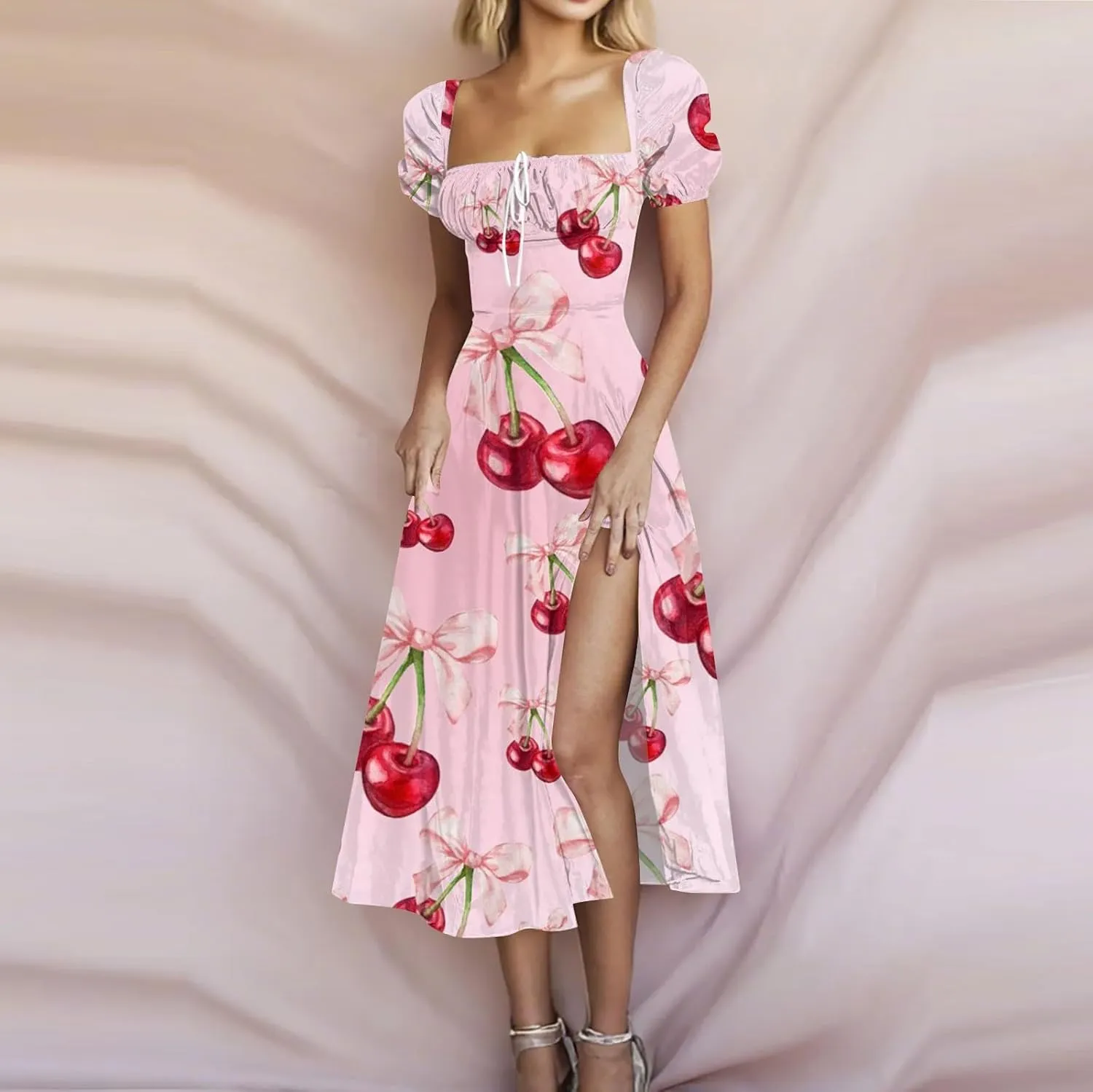 Women's Floral Print Puff Sleeve Square Neck Dress Casual Trendy Summer Boho Short Sleeve Split Midi Dresses