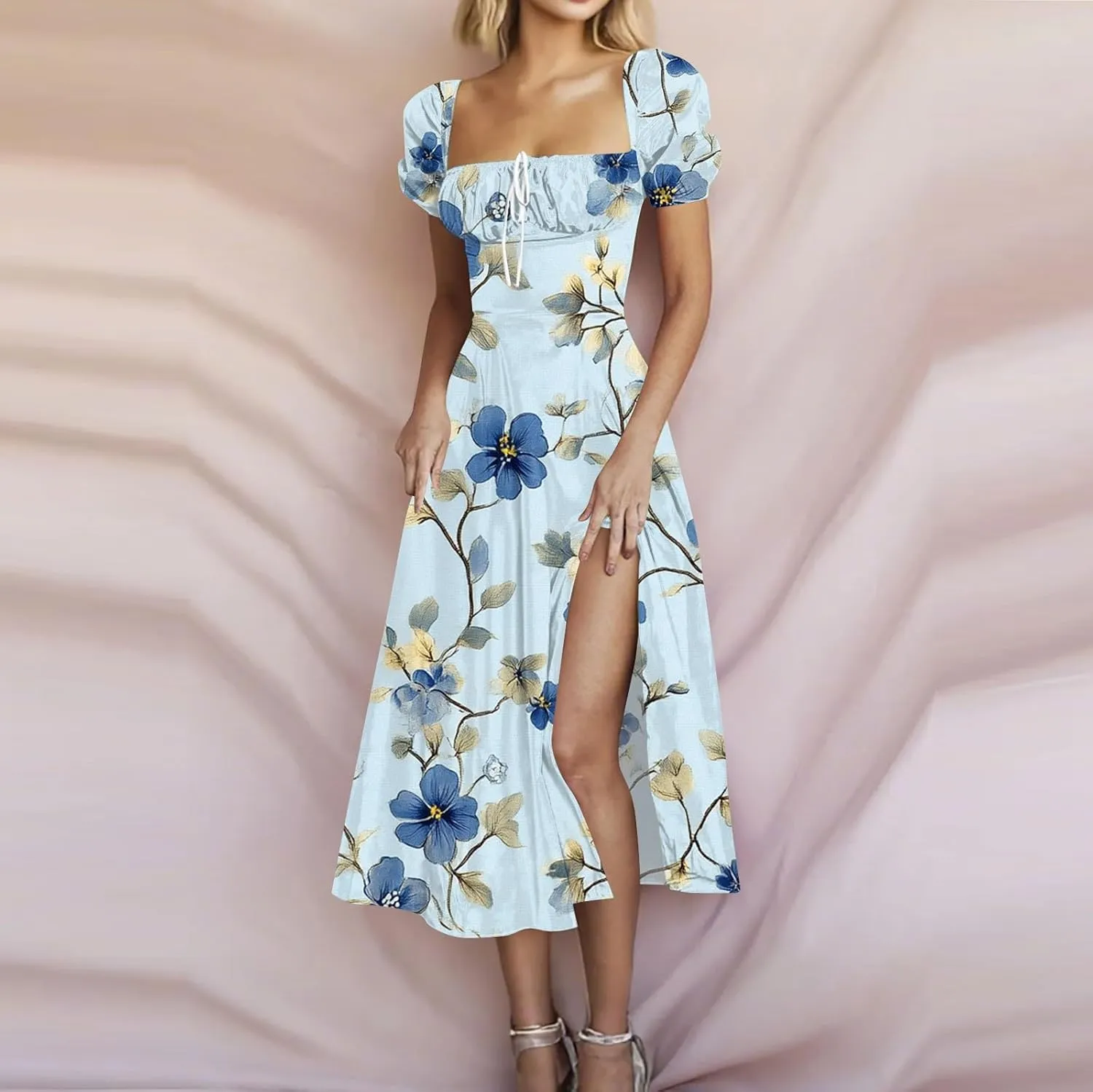 Women's Floral Print Puff Sleeve Square Neck Dress Casual Trendy Summer Boho Short Sleeve Split Midi Dresses