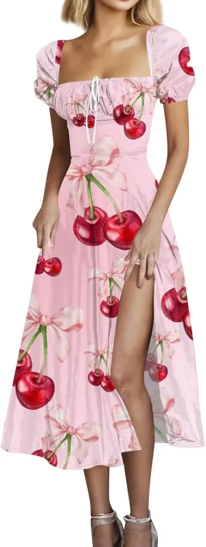 Women's Floral Print Puff Sleeve Square Neck Dress Casual Trendy Summer Boho Short Sleeve Split Midi Dresses