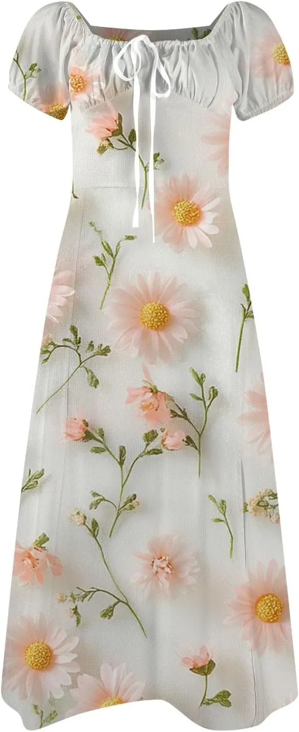 Women's Floral Print Puff Sleeve Square Neck Dress Casual Trendy Summer Boho Short Sleeve Split Midi Dresses