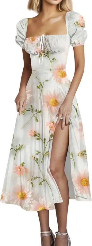 Women's Floral Print Puff Sleeve Square Neck Dress Casual Trendy Summer Boho Short Sleeve Split Midi Dresses