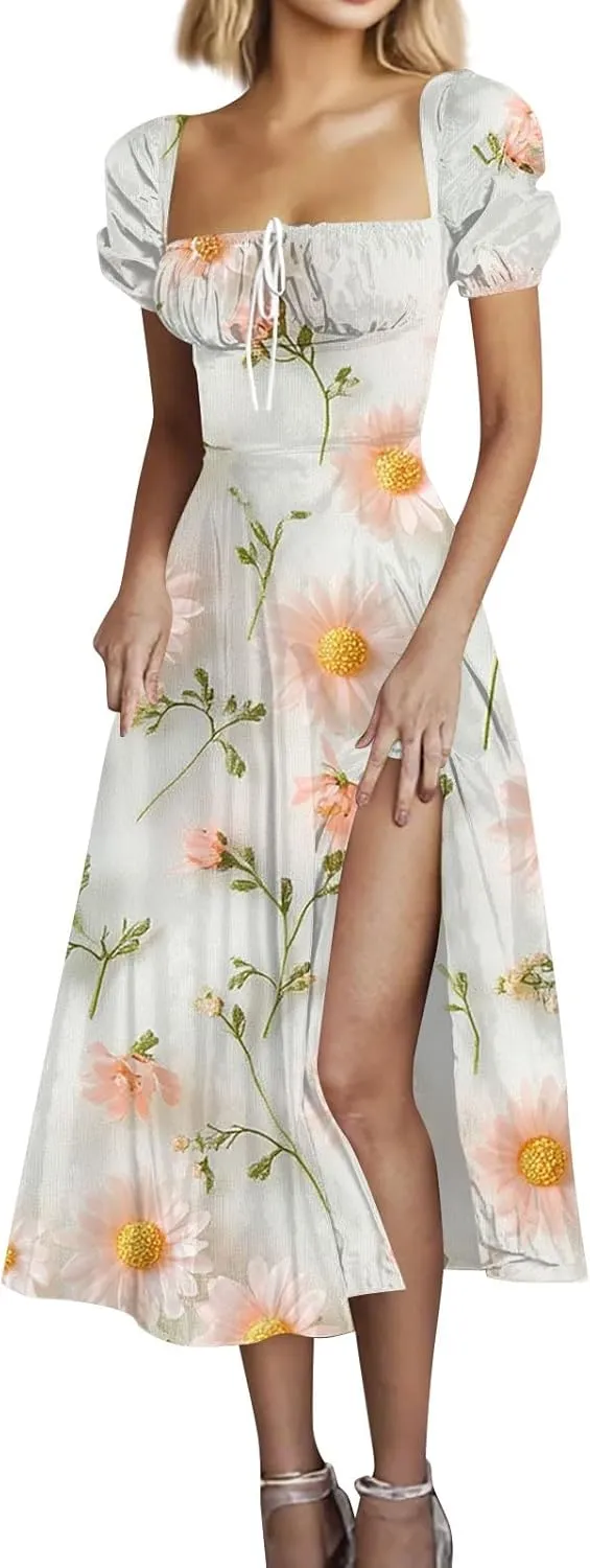 Women's Floral Print Puff Sleeve Square Neck Dress Casual Trendy Summer Boho Short Sleeve Split Midi Dresses