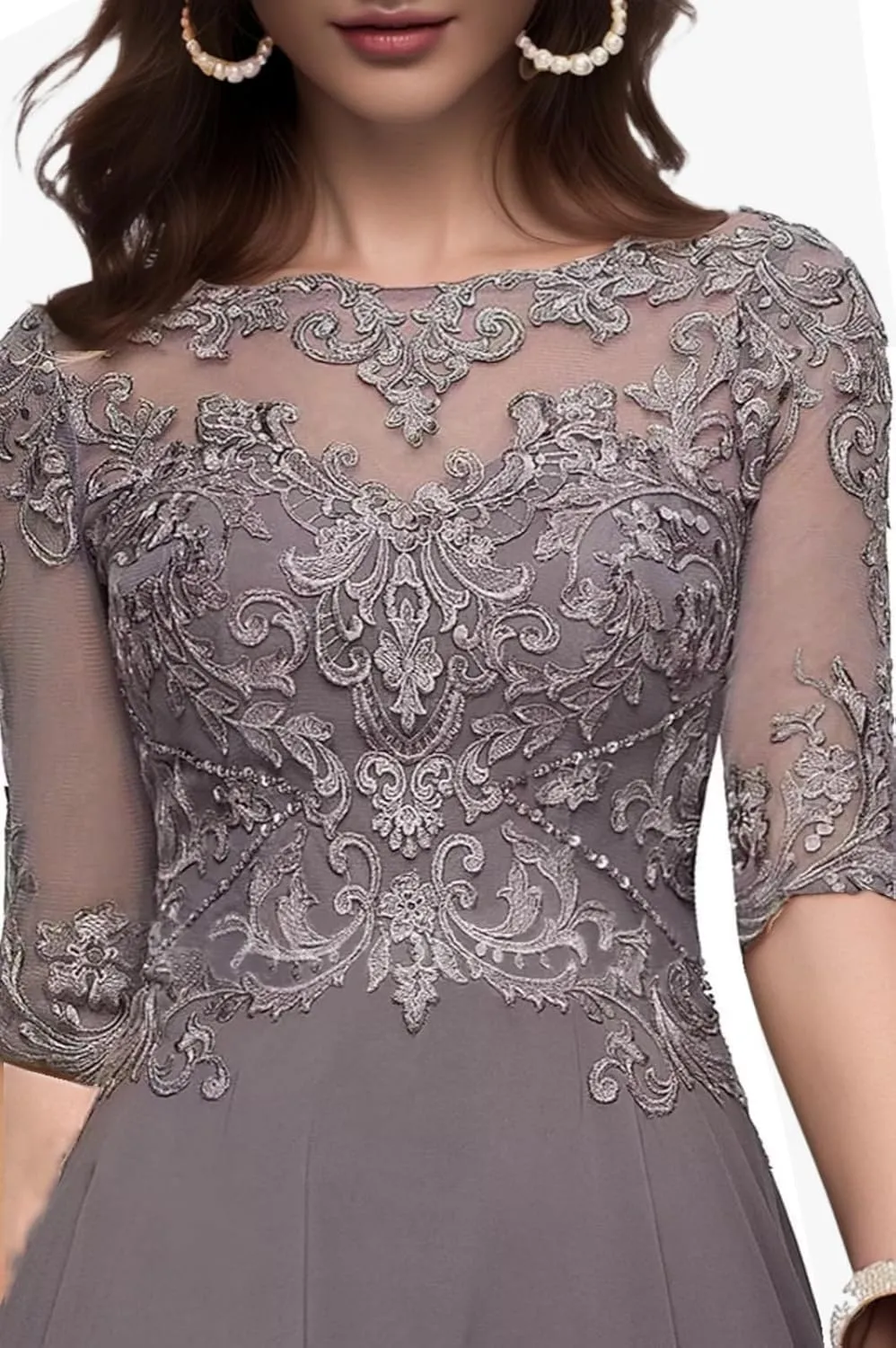 Women's Lace Applique Mother of The Bride Dresses with Sleeves Tea Length Chiffon Formal Evening Gowns