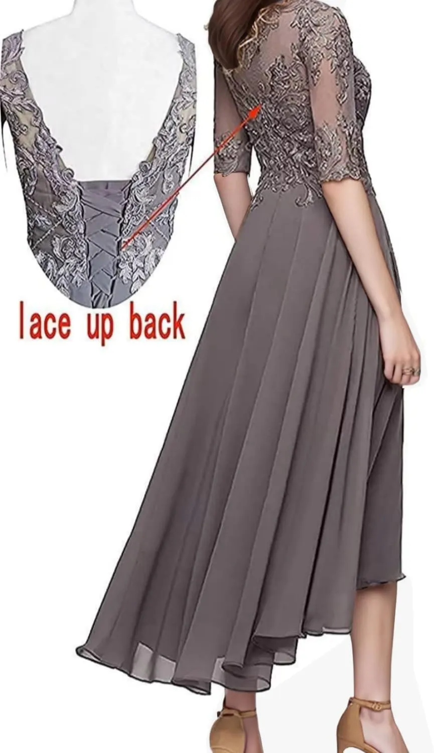 Women's Lace Applique Mother of The Bride Dresses with Sleeves Tea Length Chiffon Formal Evening Gowns