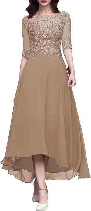Women's Lace Applique Mother of The Bride Dresses with Sleeves Tea Length Chiffon Formal Evening Gowns