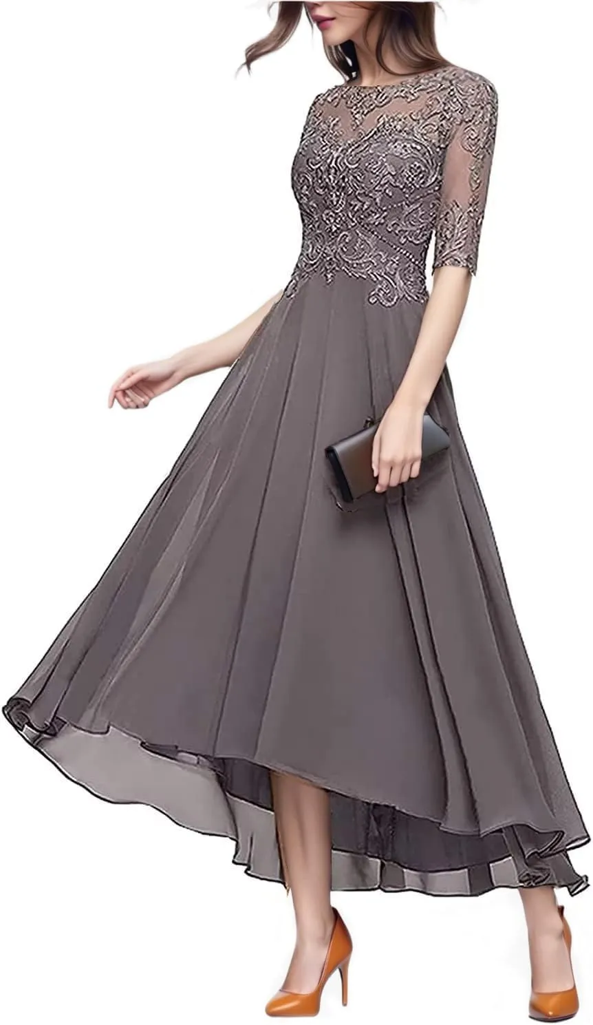 Women's Lace Applique Mother of The Bride Dresses with Sleeves Tea Length Chiffon Formal Evening Gowns