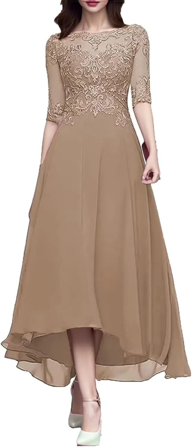 Women's Lace Applique Mother of The Bride Dresses with Sleeves Tea Length Chiffon Formal Evening Gowns