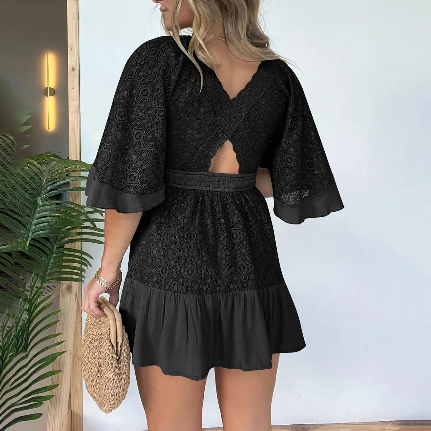 Women's Lace Crochet Flowy Drress Wrap Deep V Neck Batwing Sleeve Mini Dress Causal Ruffle Travel Vacation Sundress