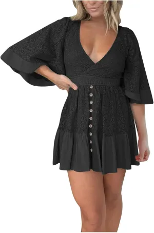 Women's Lace Crochet Flowy Drress Wrap Deep V Neck Batwing Sleeve Mini Dress Causal Ruffle Travel Vacation Sundress