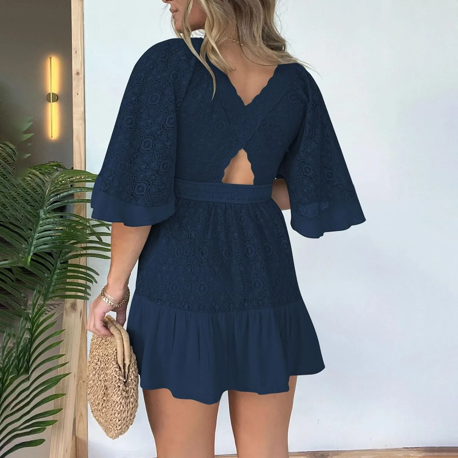 Women's Lace Crochet Flowy Drress Wrap Deep V Neck Batwing Sleeve Mini Dress Causal Ruffle Travel Vacation Sundress