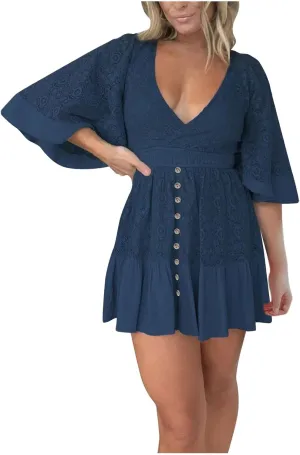 Women's Lace Crochet Flowy Drress Wrap Deep V Neck Batwing Sleeve Mini Dress Causal Ruffle Travel Vacation Sundress