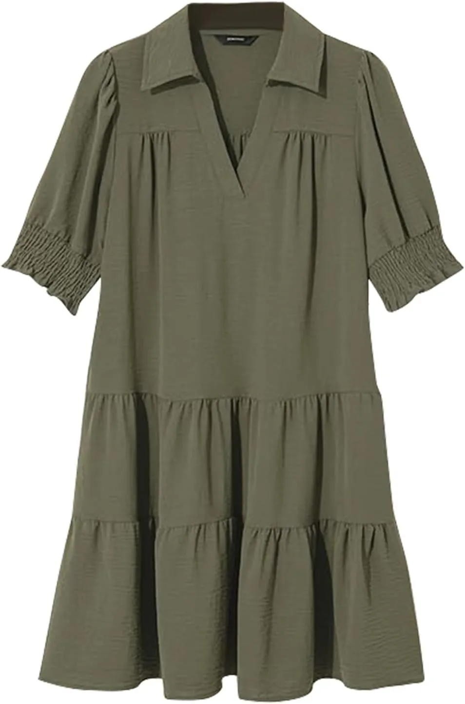 Womens Lapel V Neck Cute Shift Tierd Dress with Pockets Bell Sleeve Ruffle Hem Loose Swing Summer Tunic Mini Dress