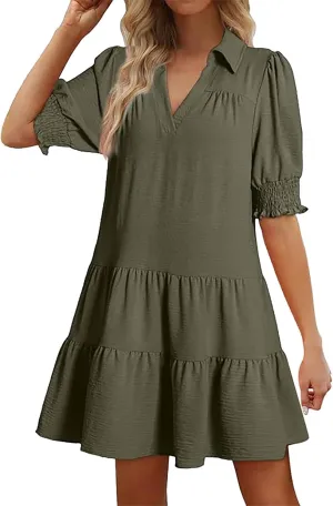 Womens Lapel V Neck Cute Shift Tierd Dress with Pockets Bell Sleeve Ruffle Hem Loose Swing Summer Tunic Mini Dress