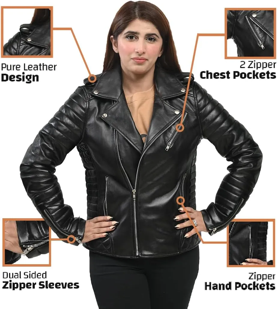 Womens Leather Jacket Classic Biker Style Lambskin Motorcycle Jacket for Ladies