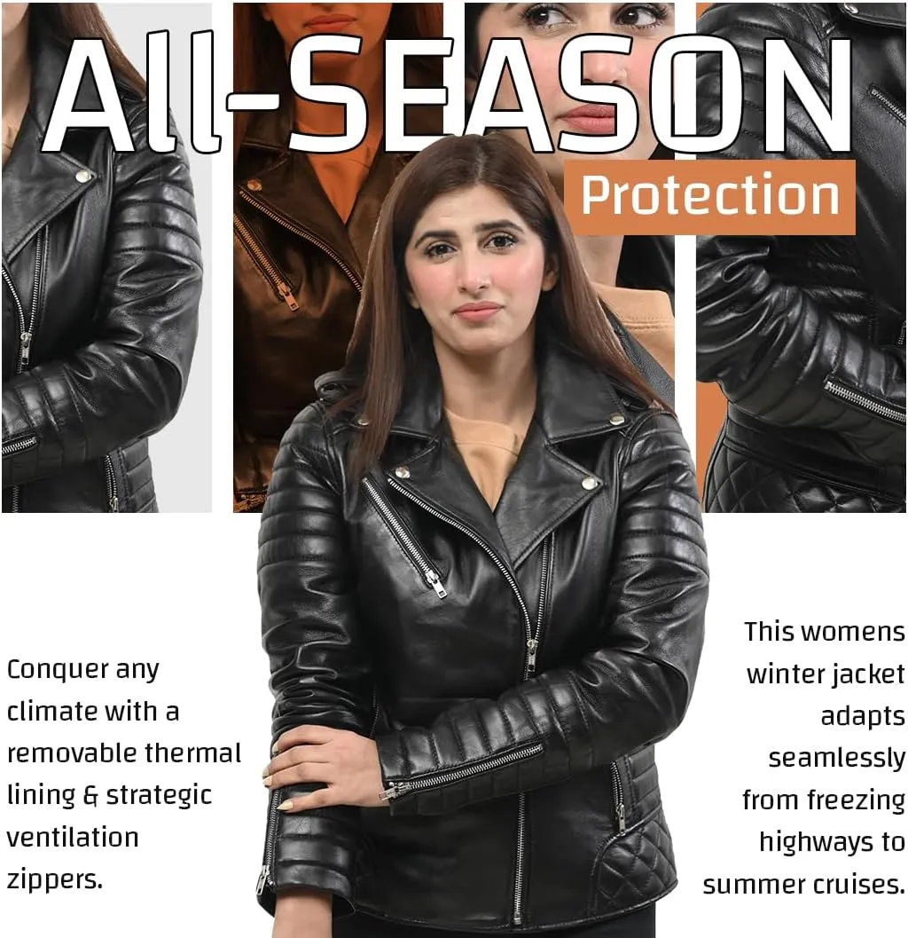 Womens Leather Jacket Classic Biker Style Lambskin Motorcycle Jacket for Ladies