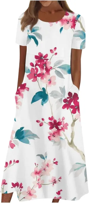 Womens Long Maxi Dresses 2025 Short Sleeve V Neck Casual Summer Pleated Tshirt Dress with Pockets Beach Vacation Dresses