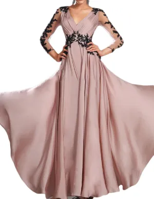 Women's Long Ruched V-Neck Chiffon Evening Dresses 3/4 Sleeve Formal Ball Gowns 2019 EV49