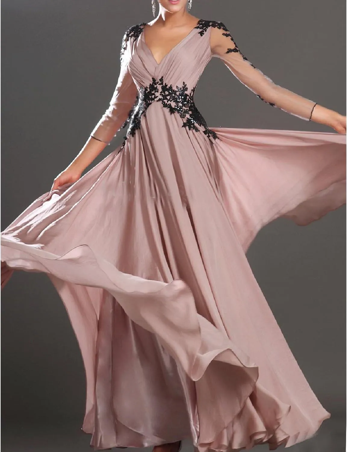 Women's Long Ruched V-Neck Chiffon Evening Dresses 3/4 Sleeve Formal Ball Gowns 2019 EV49