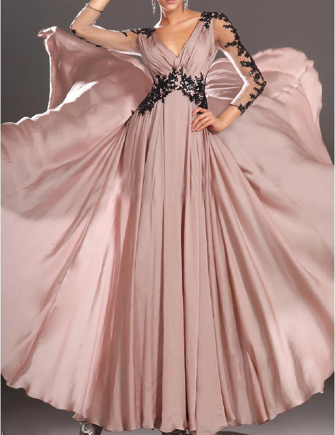 Women's Long Ruched V-Neck Chiffon Evening Dresses 3/4 Sleeve Formal Ball Gowns 2019 EV49