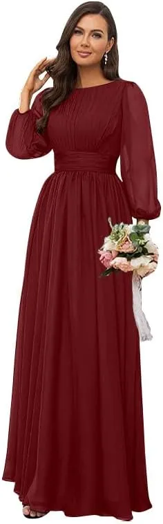 Women's Long Sleeve Bridesmaid Dresses for Wedding Chiffon Pleated Empire Waist Long Formal Evening Gown