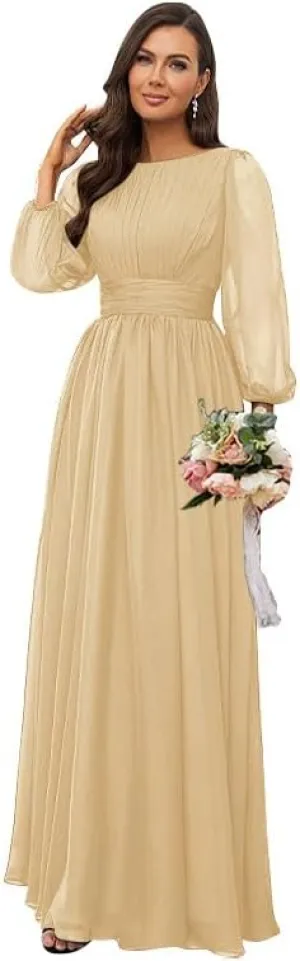 Women's Long Sleeve Bridesmaid Dresses for Wedding Chiffon Pleated Empire Waist Long Formal Evening Gown