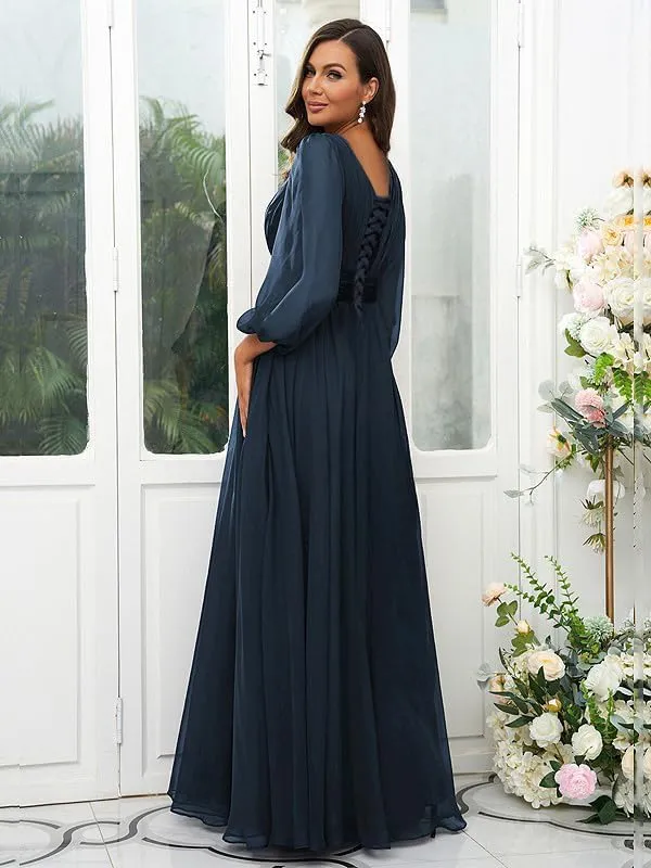 Women's Long Sleeve Bridesmaid Dresses for Wedding Chiffon Pleated Empire Waist Long Formal Evening Gown