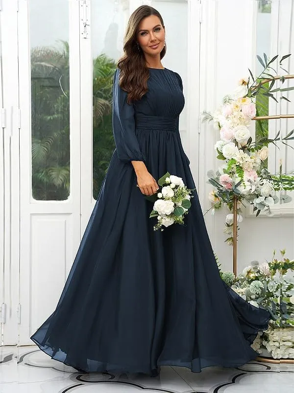 Women's Long Sleeve Bridesmaid Dresses for Wedding Chiffon Pleated Empire Waist Long Formal Evening Gown