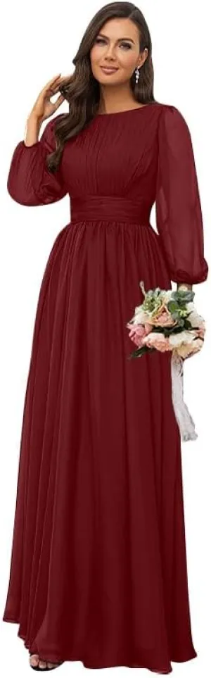 Women's Long Sleeve Bridesmaid Dresses for Wedding Chiffon Pleated Empire Waist Long Formal Evening Gown
