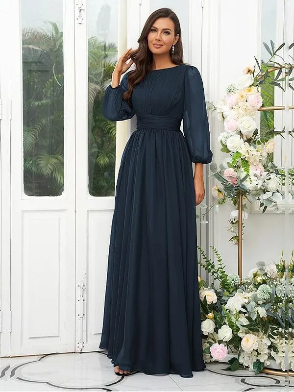 Women's Long Sleeve Bridesmaid Dresses for Wedding Chiffon Pleated Empire Waist Long Formal Evening Gown