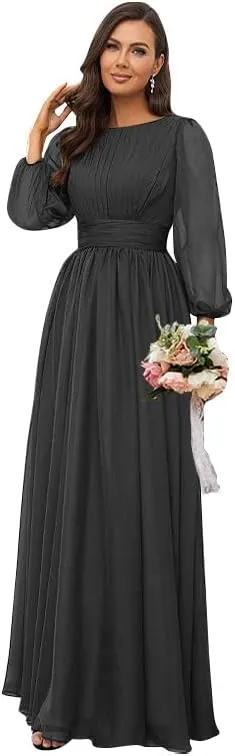 Women's Long Sleeve Bridesmaid Dresses for Wedding Chiffon Pleated Empire Waist Long Formal Evening Gown